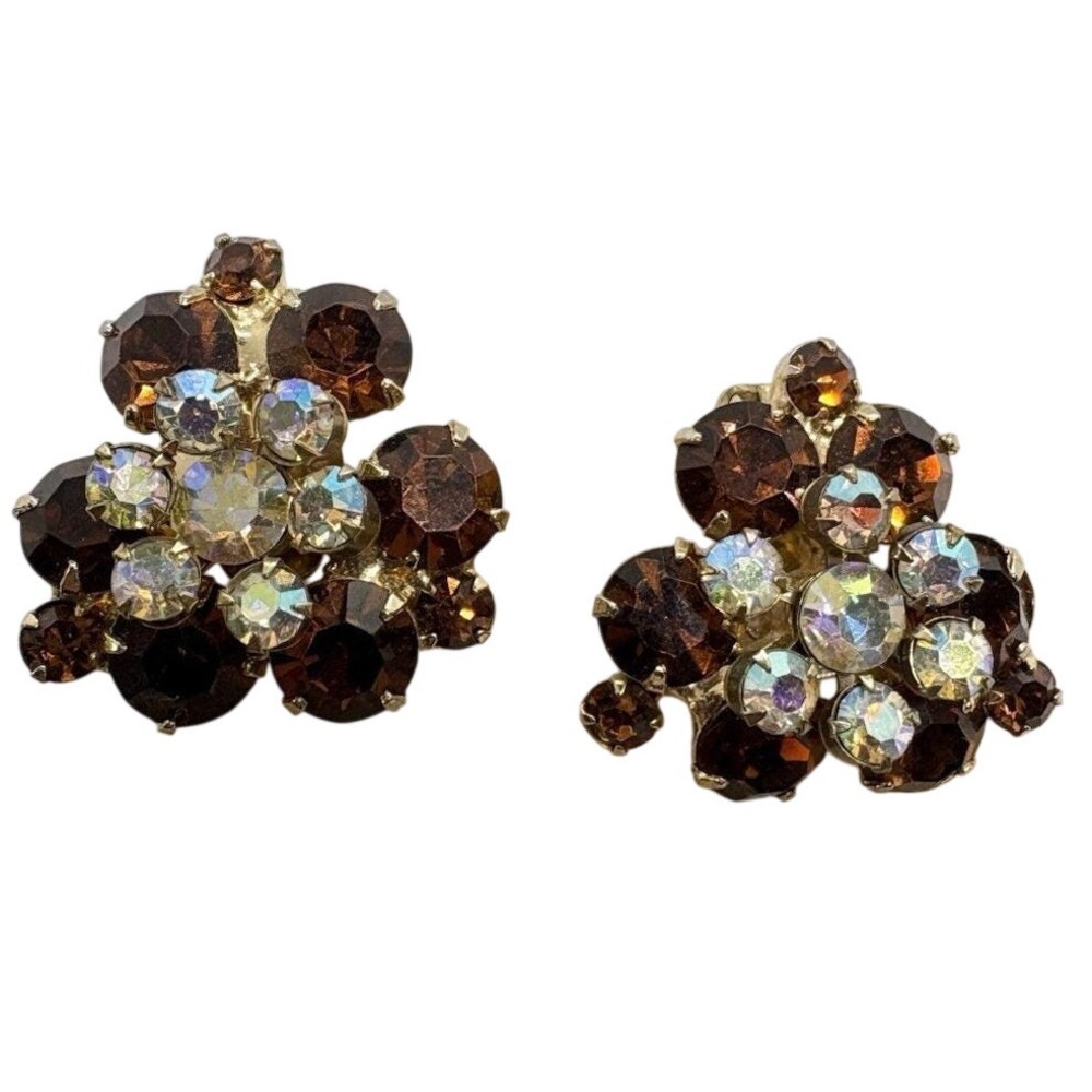 Vintage Brown & Clear Rhinestone Cluster Gold Tone Clip On Earrings‎ 1950s Retro